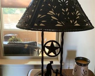 $325-  Amazing custom designed hand tooled leather Shade  and wrought iron lamp 