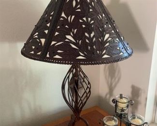$300-  Amazing custom designed hand tooled leather Shade  and wrought iron lamp 