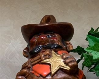 $55` Vintage Cowboy sheriff gun with bullet hole in hat ceramic cookie jar