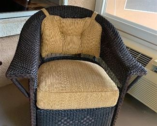 $650~( PART OF THREE PIECE SET) CUSTOM DESIGNED THREE PIECE RATTAN SET CONSISTING OF LOVESEAT , ROCKER AND CHAIR WITH CUSHIONS/ PILLOWS SOLD SEPARATELY  