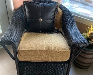 $650~( PART OF THREE PIECE SET) CUSTOM DESIGNED THREE PIECE RATTAN SET CONSISTING OF LOVESEAT , ROCKER AND CHAIR WITH CUSHIONS/ PILLOWS SOLD SEPARATELY  