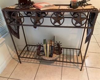 $215~  STAR OF TEXAS  IRON SOFA/ LIBRARY/ ENTRY TABLE ,  $115 ~ COW HIDE TABLE RUNNER 