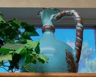 $48~ Rustic Aqua blue  ceramic pitcher 