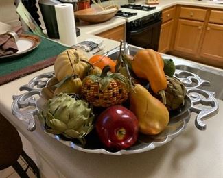 $55~PEWTER BOWL WITH ARTIFICIAL FRUIT 