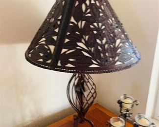 $300-  Amazing custom designed hand tooled leather Shade  and wrought iron lamp 