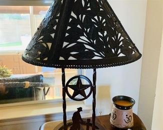 $325-  Amazing custom designed hand tooled leather Shade  and wrought iron lamp 