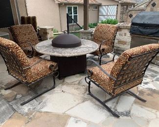 $415~ SET OF FOUR ROCKING METAL CHAIRS WITH CUSTOM UPHOLSTERED PADS~~~~~~~~~~  
$210~ OUTDOOR FIRE PIT 