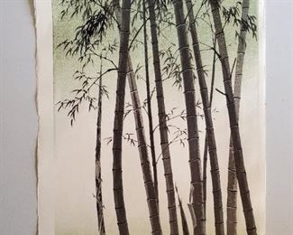 1950s Japanese Kotozuka Bamboo Woodblock Print. By Eiichi Kotozuka (1906-1979). Showa period in the Sumi-e style. Published in 1950 by Uchida Art Company LTD, Kyoto, Japan.