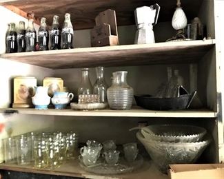 Vintage glassware, punch bowls, porcelain sugar and cream, milk glass lamp, Coca-Cola bottles & more