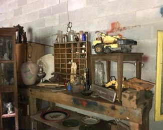 Vintage large Tonka trucks, 80s GI Joe vehicle, wooden display cabinet, antique bottles, vintage & antique lamps,  & more