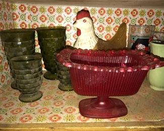 Vintage glassware, chicken, ruby compote