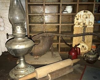 Vintage oil lamp, rolling pins, oil can, & more