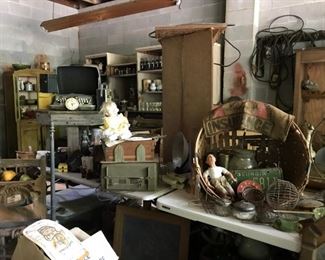 Vintage everything: Baskets, dolls, kitchen ware, clocks, dolls, & more