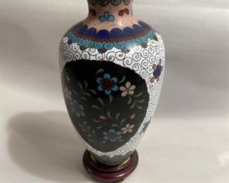 $15          C101a        Cloisonne Vase white enamel, floral design w/ stand; Approximately 6.5" h, 