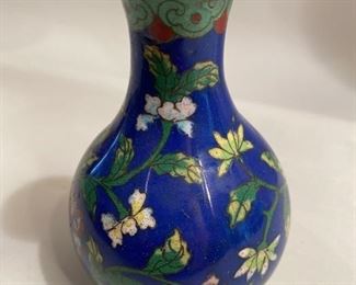 $15.       C117 Cloissone Vase  blue with scrolling flowers, 5" h
