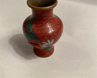 $15              C119      Tiny  Red Cloissone     Vase with floral design,  3” h