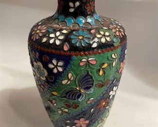 $25.          C122  Cloissone Vase floral design/butterflies 8.5 “ h