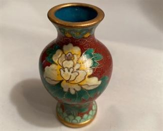 $20.             C121  Small Cloissone Vase , yellow flower, brass rim & foot, 3.5 “h