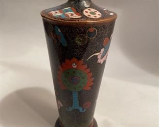 $15
C124  Cloissone Tall Covered Vase,          6.5 “h