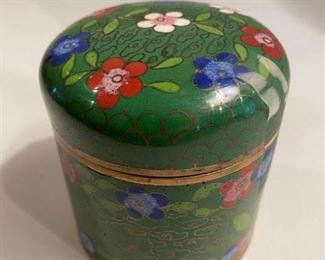 $45       C128  Cloissone Box Green w/ floral design 4”  h x  3” dia