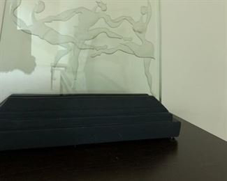 $300.    SW  4267.   Herman Perlman  Etched glass table lamp        signed. 14” h x 18” w