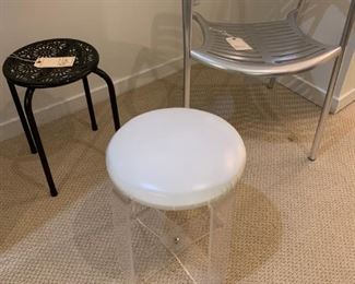 SW 762    (a). Small black table $15,     ( b) Metal chair $75,     (c) White leather stool plexiglass stool $45