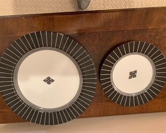 $ 60 set       SW1001   Fitz and Floyd Luncheon and Bread  plates,  in original boxes;   12 luncheon plates,9" diameter, and  8 Bread plates, 8" diameter, white with black rim