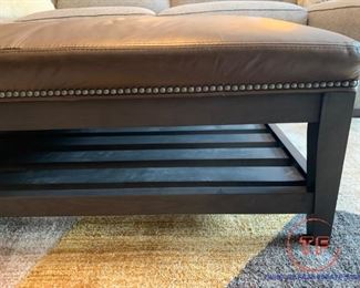 FREESTYLE COLLECTION Leather Topped Ottoman With Nailhead Trim and Wood Base