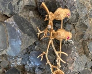 14k GOLD Birds Brooch