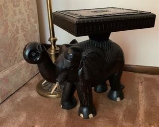 Hand Carved Wood Elephant Stool with Bone Inlay Top