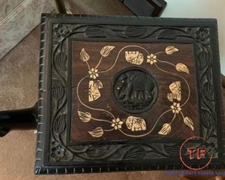 Hand Carved Wood Elephant Stool with Bone Inlay Top
