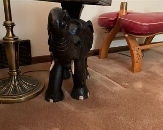 Hand Carved Wood Elephant Stool with Bone Inlay Top