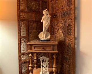 Antique Marble Topped Lamp / Candle Side Table in Front of Oriental Themed TEAK WOOD Screen with Brass and Bone Inlay - 4 Panels (Separated)