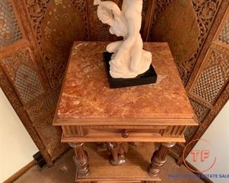 Antique Victorian Marble Topped Lamp / Candle Side Table