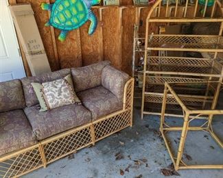 Heywood Wakefield Vintage furniture - Great shape and includes a couch, two chairs, a large table, a small table, and a book case with several glass shelves. Bamboo and rattan - sat untouched for the last 30 years inside a temp controlled house.
