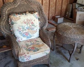 These huge wicker chairs (2 of them) were the focal point in the entryway for many years and have rarely been sat in for the last 30 years. Custom cushions and hand-painted - comes with 2 tables w/glass tops