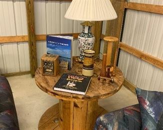 Wooden wire spool, lamps
