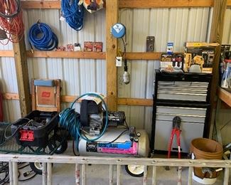 Air compressor, ladder, extension cords, seed spreader