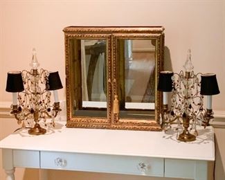 Vintage Table Lamps, Gold Tone Curio Cabinet with Glass Shelves