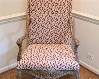 $350 - Beautiful Carved Open Armchair with Red & Ivory Leopard Print Upholstery