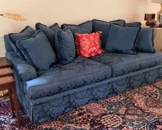 $800 - High Quality Blue Damask Sofa with Loads of Pillows