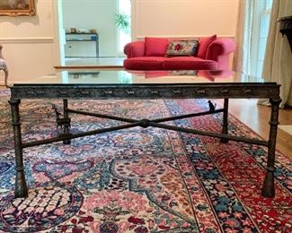 $3,000 - Incredible Tom Corbin Bronze Sculptural Cocktail Table with Glass Top, Antelope Design (42" L x 32" W x 18.5" H)
