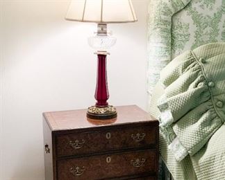 $300 - Another Burled Wood 3-Drawer Nightstand (24" L x 15" W x 24.5" H), also the second table lamp is shown here