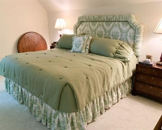 $600 - King Sized Bed with Custom Green Toile Upholstered Headboard, Bedskirt and Bedding (as shown here)