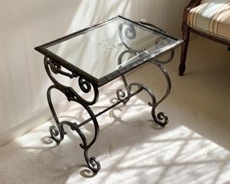 $300 - Antique Brass & Iron Table with Cut Glass Top (18" L x 14" W x 18" H)