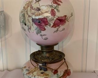 $125 - Antique Hurricane / Gone with the Wind Lamp (Hand Painted Poppies Motif)