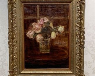 $750 - Antique Still Life of Peonies, Oil on Canvas by Helen Mabel Trevor (British), inscribed "The Flower Ford ... A.M. Trevor."