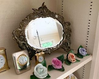 Antique Vanity Mirror with Angels, Miniature Clocks, Porcelain Roses
