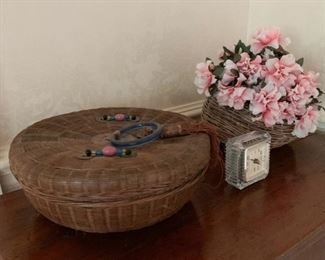 Vintage Lidded Basket, Artificial Florals