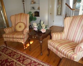 Pair of Wing Back Chairs; Harden side table